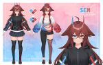  1girl absurdres ahoge artist_name asymmetrical_clothes asymmetrical_horns black_jacket black_skirt black_thighhighs blue_eyes blue_horns brown_hair brown_shoes collarbone color_guide commentary fishnet_thighhighs fishnets glasses highres horns jacket long_hair long_sleeves mismatched_horns original red_eyes red_horns sakotach shoes single_fishnet_legwear single_pantsleg skirt thighhighs torn_clothes virtual_youtuber zipper zipper_pull_tab 