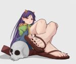  1girl black_hair blue_shorts brown_nails commentary_request cone_horns feet flip-flops green_shirt highres horn_ornament horns jager jewelry long_hair nail_polish nippaku_zanmu pointy_ears purple_hair red_eyes sandals shirt shorts simple_background sitting skull small_horns solo toe_ring toenail_polish toenails toes touhou very_long_hair white_background yellow_horns 