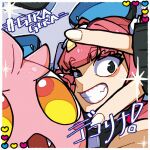  1girl bandaid bandaid_hair_ornament black_eyes clenched_teeth close-up commentary_request coral_(pokemon) fang g_s_u_m glalie hair_ornament looking_at_viewer open_mouth pink_hair pokemon pokemon_(anime) pokemon_(creature) pokemon_horizons scream_tail smile teeth translation_request v 