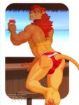  anthro beverage bonfiredemon butt clothing container cup drinking_glass felid furgonomics glass glass_container glass_cup hi_res holding_beverage holding_object lion looking_at_viewer looking_back male mammal mane muscular muscular_male pantherine pawpads smile solo swimwear 