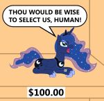  2015 barcode blue_body blue_feathers blue_hair crown cutie_mark dialogue digital_media_(artwork) english_text equid equine expensive eyeshadow feathered_wings feathers female feral for_sale friendship_is_magic frown hair hasbro horn horse lying makeup mammal my_little_pony on_front pony price_tag princess_luna_(mlp) sad sign solo speech_bubble talking_to_viewer teal_eyes text traditional_royal_canterlot_voice vincentthecrow winged_unicorn wings yelling 