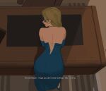  1girl absurdres amugea ass back_zipper bare_shoulders bent_over blonde_blazer blonde_hair blue_dress blue_gloves blue_mask desk dispatch domino_mask dress earrings elbow_gloves english_text eye_mask from_behind gloves hair_over_shoulder highres jewelry long_hair mask necklace partially_unzipped solo strapless strapless_dress subtitled wide_hips 