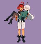  2girls ahoge ankle_boots aqua_eyes asticassia_school_uniform black_footwear black_hairband black_pantyhose black_socks blush_stickers boots carrying dou_(mame_eee) green_jacket green_shorts grey_eyes grey_hair gundam gundam_suisei_no_majo hair_between_eyes hairband high_heels highres jacket long_hair long_sleeves looking_at_viewer miorine_rembran multiple_girls necktie o3o open_mouth pantyhose princess_carry purple_background red_hair school_uniform shorts simple_background socks standing suletta_mercury thick_eyebrows white_jacket white_shorts wide_sleeves yellow_necktie 