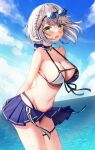  1girl 29hyeon absurdres arms_behind_back bikini bikini_skirt blue_sky blush braid breasts choker cloud crown_braid day eyewear_on_head floating_hair from_side green_eyes grey_hair highres hololive large_breasts leaning_forward looking_at_viewer navel ocean parted_lips shirogane_noel short_hair sky solo stomach strap_gap sunglasses swimsuit thigh_strap thighs 