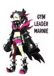  1girl adapted_costume aqua_eyes asymmetrical_bangs asymmetrical_clothes black_boots black_hair black_jacket black_sports_bra boots character_name commentary covered_mouth earrings english_commentary eyelashes full_body grid_background hair_ribbon highres jacket jewelry long_sleeves marnie_(marnielovesyou) marnie_(pokemon) midriff navel open_clothes open_jacket pants pink_pants pokemon pokemon_swsh red_ribbon ribbon single_pantsleg sleeves_past_fingers sleeves_past_wrists solo sports_bra standing torn_clothes torn_pants undercut white_background 