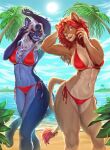  anthro beach bikini blue_body blue_fur breasts clothed clothing day duo felid female fur hair lazyollie lion mammal navel outside palm_tree pantherine plant red_eyes red_hair sea seaside sky standing sun swimwear tan_body tan_fur tree water white_hair yellow_eyes 