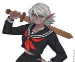  1girl alternate_costume black_shirt black_skirt closed_mouth commentary dark-skinned_female dark_elf dark_skin ear_piercing elf floating_hair green_eyes grey_hair hand_on_own_hip highres holding holding_weapon long_sleeves looking_at_viewer mawaridi neckerchief original piercing pointy_ears red_neckerchief sailor_collar school_uniform shirt short_hair simple_background skirt solo sword twitter_username weapon white_background wooden_sword yvonne_(mawaridi) 