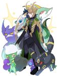  1boy alternate_color animification armor avengers_(series) black_hair black_pants black_tunic coat colored_sclera commentary_request creature creature_on_shoulder crobat crossover dusk_ball fake_horns gold_armor gold_helmet green_eyes grin helmet highres holding holding_poke_ball holding_scepter horned_helmet horns loki_(marvel) male_focus marvel medium_hair murkrow nanimodekiyasne on_shoulder pants poke_ball pokemon pokemon_(creature) red_eyes red_sclera roserade sableye scepter serperior shiny_pokemon smile the_avengers_(2012) thor_(marvel)_(series) tunic umbreon white_background yellow_sclera 