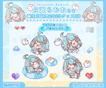  >_< 1girl :d ;d ahoge asymmetrical_clothes blue_hair blue_jacket chibi closed_eyes commentary_request fangs heart highres innertube jacket long_sleeves midriff mitarashi_neko multicolored_hair multiple_views navel one_eye_closed pants pixelated puffy_long_sleeves puffy_sleeves purple_eyes shiranami_ramune single_pantsleg smile streaked_hair swim_ring translation_request virtual_youtuber vspo! white_hair white_pants xd 