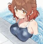  1girl ai-generated bare_shoulders blush breasts brown_eyes brown_hair cleavage collarbone commentary gakuen_idolmaster gradient_hair hair_bun hanami_ume highres idolmaster large_breasts lativi_(ltv60) looking_at_viewer multicolored_hair one-piece_swimsuit open_mouth pool poolside school_swimsuit sideboob solo sweat swimsuit 