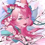  1girl ahri_(league_of_legends) animal_ears aqua_bow aqua_eyes bell bow cherry_blossoms choker fox_ears hair_bell hair_between_eyes hair_bow hair_ornament highres japanese_clothes kimono league_of_legends lenhato long_hair multicolored_clothes multicolored_kimono official_alternate_costume parted_lips pink_hair pink_lips slit_pupils solo spirit_blossom_ahri upper_body 