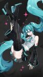  1girl aqua_belt aqua_eyes aqua_hair aqua_nails aqua_necktie arm_tattoo ass_peek belt black_boots black_skirt black_sleeves black_thighhighs boots breasts commentary_request detached_sleeves earbuds earphones floating floating_hair full_body grey_shirt hair_between_eyes hair_ornament hatsune_miku hatsune_miku_(vocaloid6) heart heart_hair_ornament high_heel_boots high_heels highres long_bangs long_hair long_hair_between_eyes long_sleeves looking_at_viewer midriff_peek miniskirt nail_polish navel necktie number_tattoo open_mouth piano_print pleated_skirt sakichka shirt sidelocks skirt sleeveless sleeveless_shirt small_breasts smile solo striped_clothes striped_shirt tattoo teeth thighhighs tie_clip twintails twitter_username upper_teeth_only variant_set vertical-striped_clothes vertical-striped_shirt very_long_hair vocaloid wide_sleeves wireless_earphones zettai_ryouiki zipper_footwear 