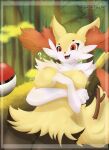  andromorph anthro braixen breasts brown_legs canid canine cute_eyes day emoji fakemon female forest forest_background fox fur generation_6_pokemon hi_res humanoid intersex light mammal nachitamajr nature nature_background nintendo nipples nude plant pokeball pokemon pokemon_(species) pose red_eyes simple_background solo stick sunlight text tree trunk vaginal video_games white_body white_fur yellow_body 