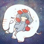  1girl animal bangs barefoot bird blue_hair chibi closed_eyes commentary_request cosplay elephant elephant_costume harokellogg highres kigurumi long_sleeves lying pawoo red_bird sleeping smile solo sparkle star_(sky) zipper zipper_pull_tab 