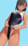  1girl aqua_background ass_visible_through_thighs bangs blush breasts brown_hair clothes_pull commentary_request competition_swimsuit grey_eyes grin highres looking_at_viewer medium_breasts mochi_(mochi444420) one-piece_swimsuit one-piece_swimsuit_pull one-piece_tan original simple_background smile solo swimsuit tan tanlines wet wet_clothes wet_hair wet_swimsuit 