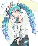  1girl ahoge alternate_hairstyle aqua_hair aqua_nails aqua_ribbon arm_up black_skirt blue_hair blush braid braided_twintails collared_shirt commentary cowboy_shot dated detached_sleeves double-parted_bangs gradient_hair green_background green_eyes grey_shirt hair_between_eyes hatsune_miku hatsune_miku_(nt) highres looking_at_viewer miku_day multicolored_hair nail_polish neck_ribbon pa._(tatuya28001) piapro_studio pleated_skirt ribbon shirt sidelocks skirt sleeveless sleeveless_shirt smile solo vocaloid white_background 