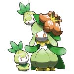  blacknirrow bright_pupils brown_eyes crown english_commentary evolutionary_line flower leaf lilligant looking_at_another mini_crown no_humans orange_eyes orange_flower petilil pokemon pokemon_(creature) simple_background standing white_background white_pupils 