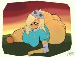  adventure_time anthro armor balls bedroom_eyes big_balls big_breasts big_butt big_penis blonde_hair blush bottomless breasts bronwyn butt canid canine canis cartoon_network clothed clothing crossgender domestic_dog erection fibilis ftg_crossgender fti_crossgender genitals gynomorph hair hair_over_eye headgear helmet hi_res horn huge_balls huge_butt huge_penis hybrid intersex looking_at_viewer lying mammal narrowed_eyes on_side one_eye_obstructed penis rainicorn seductive shirt smile solo tan_body topwear ursid white_eyes 