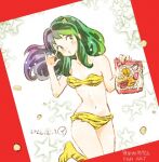  1girl animal_print bag bikini breasts chips_(food) cleavage commentary_request dated food green_eyes green_hair holding holding_bag horns lowres lum multicolored_hair navel potato_chips purple_hair sakai_yume small_breasts socks solo strapless strapless_bikini swimsuit tiger_print urusei_yatsura yellow_bikini yellow_socks 