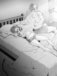  1boy 1girl back bedroom breasts closed_eyes covered_nipples curtains dolphin_shorts highres indoors lying monochrome natto_soup navel on_back open_mouth pajamas pandoria_(xenoblade) pillow shirt short_hair shorts stretching white_shirt window xenoblade_chronicles_(series) xenoblade_chronicles_2 yawning zeke_von_genbu_(xenoblade) 
