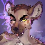  &lt;3 1:1 abstract_background anthro black_eyebrows blep brown_body brown_fur bust_portrait cheek_tuft ear_piercing ear_stud eyebrows facial_tuft fangs front_view fur glistening glistening_eyes head_tuft hi_res hyaenid male mammal nude one_eye_closed piercing portrait shoulder_tuft signature smogville solo spots spotted_body spotted_fur tan_body tan_fur tongue tongue_out tuft yellow_eyes 