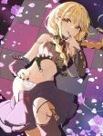  1girl blonde_hair blush braid fang fujita_kotone gakuen_idolmaster hair_ornament hair_ribbon hand_on_own_face highres idolmaster long_hair looking_at_viewer mao_xiaozha_(rumiechen) midriff navel open_mouth panties petals ribbon skin_fang smile solo twin_braids underwear yellow_eyes 