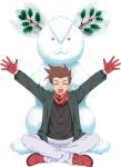  1boy arms_up artist_request black_shirt brown_hair character_snowman closed_eyes coat full_body game_cg gloves green_coat highres jewelry lloyd_irving lloyd_irving_(snow_festival) male_focus necklace noishe official_alternate_costume official_art on_ground open_mouth pants plaid_clothes plaid_scarf red_gloves red_nose red_scarf red_shoes scarf shirt shoes short_hair simple_background sitting smile snowman solo spiked_hair tales_of_(series) tales_of_asteria tales_of_symphonia third-party_source transparent_background white_pants 