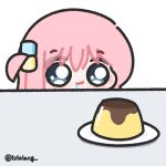 1girl :3 blue_eyes bocchi_the_rock! chibi chibi_only closed_mouth commentary cube_hair_ornament drooling food gotoh_hitori hair_ornament highres hungry long_hair looking_at_food looking_at_viewer lulalang one_side_up pink_hair plate pudding simple_background solo twitter_username untranslatable_commentary white_background 
