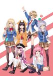  6+girls aikawa_megumi asakura_karen_(heaven_burns_red) black_hair blonde_hair blue_eyes bow bowtie braid clothes_around_waist commentary_request crepe food full_body glasses green_eyes hair_ornament hair_ribbon hair_tie hairpin heaven_burns_red highres holding holding_crepe holding_food holding_ice_cream holding_ice_cream_cone ice_cream ice_cream_cone izumi_yuki kayamori_ruka kunimi_tama long_hair low_twintails multiple_girls neck_ribbon necktie orange_eyes pink_hair pocky purple_eyes red_bow red_bowtie red_eyes ribbon school_uniform short_hair steamed_bun taiyaki team_31a_(heaven_burns_red) toujou_tsukasa twintails wagashi yukiyuki_(myyukiproject) zettai_ryouiki 
