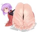  1girl ahoge all_fours barefoot black_bow blush bow closed_mouth commentary_request feet foot_focus foot_pussy foreshortening from_behind full_body grey_background hair_intakes highres jager japan japanese_clothes kimono long_sleeves looking_at_viewer looking_back medium_hair orange_eyes purple_hair red_kimono side_slit sidelocks simple_background soles solo sukuna_shinmyoumaru sweatdrop thick_eyebrows toe_scrunch toenails toes touhou 