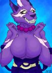  asuri_(brawlhalla) brawlhalla breasts clothing dress felid feline female fur hi_res jewelry looking_at_viewer mammal markings necklace neztiks pantherine purple_body purple_clothing purple_fur simple_background solo solo_focus tiger 