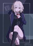  1girl ahoge aoi_suzu bangs black_dress black_footwear blue_coat blush boots breasts coat cup dress drink fate/grand_order fate_(series) fur-trimmed_coat fur-trimmed_sleeves fur_trim hair_between_eyes highres holding jeanne_d&#039;arc_alter_(fate) jeanne_d&#039;arc_alter_(ver._shinjuku_1999)_(fate) jewelry long_sleeves looking_at_viewer medium_breasts necklace official_alternate_costume open_clothes open_coat short_hair simple_background sitting solo thighs white_hair yellow_eyes 