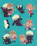 1girl 2boys all_fours aqua_background bear blonde_hair blue_hair chibi chibi_only commentary_request danganronpa_(series) danganronpa_v3:_killing_harmony flying goggles hakusoto hetero holding holding_leash hug iruma_miu k1-b0 leash monokuma multiple_boys red_leash robot sitting stuffed_animal stuffed_toy teddy_bear throwing white_hair wrench 