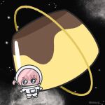  !? 1girl blue_eyes bocchi_the_rock! chibi chibi_only closed_mouth commentary floating food gotoh_hitori helmet highres looking_at_viewer lulalang one_side_up oversized_food oversized_object pink_hair planetary_ring pudding solo space space_helmet spacesuit twitter_username untranslatable_commentary wide_shot 