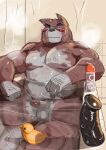  2022 anthro bathing bathtub blush canid canine canis dildo domestic_dog erection genitals hi_res humanoid_genitalia humanoid_hands humanoid_penis kemono lube lube_bottle male mammal moobs nipples overweight overweight_male penis rubber_duck sex_toy sitting solo ujishiyo 
