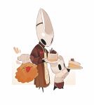  1girl 1other :3 alternate_costume apron ben-day_dots black_eyes bow brown_shirt brown_skirt buttons cake cake_slice chef_hat commentary flea_(hollow_knight) food hat highres hightguy holding holding_plate hollow_knight hollow_knight:_silksong hornet_(hollow_knight) horns knight_(hollow_knight) long_sleeves open_mouth plate red_bow screentones shirt skirt smile white_apron white_background white_hat white_shirt 