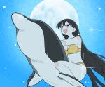  1girl azumanga_daioh bikini black_eyes black_hair blue_sky blush breasts cleavage commentary dolphin dolphin_riding from_below full_moon highres large_breasts long_hair moon open_mouth orange_bikini riding riding_animal sakaki_(azumanga_daioh) sky solo sparkle swimsuit very_long_hair wujurana 