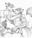  2022 akatan_art animal_genitalia anthro anthro_on_anthro balls blep canid dated duo eye_contact fangs fully_sheathed genitals greyscale head_tuft hi_res looking_at_another male male/male mammal monochrome nude open_mouth open_smile pawpads penis penis_tip sheath shoulder_tuft signature simple_background smile tongue tongue_out tuft 