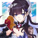  1girl black_hair black_shrug blue_eyes blue_hair border breasts choikfu cleavage colored_inner_hair commentary earrings english_commentary food gloves hair_ornament holding holding_food honkai:_star_rail honkai_(series) hysilens_(honkai:_star_rail) jewelry large_breasts long_hair looking_at_viewer multicolored_hair red_gloves shrug_(clothing) smile solo taiyaki two-tone_hair very_long_hair wagashi white_border 