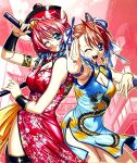  2girls animal_print armlet blue_bow blue_dress blue_eyes blue_ribbon bow bracer breasts brown_hair bun_cover check_copyright china_dress chinese_clothes cleavage cleavage_cutout closed_mouth clothing_cutout cloud_print commentary_request copyright_request cowboy_shot diamond_cutout double_bun dragon_print dress fighting_stance floral_print floral_print_dress hair_bow hair_bun hair_ribbon hand_up hat highres holding holding_nunchaku holding_weapon jewelry looking_at_viewer medium_breasts multiple_girls nunchaku one_eye_closed open_mouth original outstretched_arm print_dress qingdai_guanmao red_hair ribbon short_hair side_slit sleeveless sleeveless_dress smile standing teeth thighhighs tiger_print upper_teeth_only weapon yokota_mamoru 