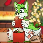  anthro black_nose blakefox blurred_background bone canid canine christmas christmas_clothing christmas_headwear christmas_lights christmas_tree clothed clothing digital_media_(artwork) fidget_the_fox fire fireplace fox fur gift green_body green_eyes green_fur hair headgear headwear hi_res holidays legwear male mammal pawpads pink_pawpads plant signature smile solo stockings tongue tongue_out tree white_body white_fur 