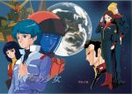  2girls 4boys aeug black_eyes black_hair blonde_hair blue_eyes blue_hair bright_noa brown_hair char_aznable commentary_request earth_(planet) earth_federation emma_sheen fa_yuiry green_eyes gundam gundam_mk_ii jerid_messa kamille_bidan mecha mecha_pilot_suit military_rank_insignia military_uniform mobile_suit multiple_boys multiple_girls normal_suit_(gundam) planet quattro_bajeena robot sazannka science_fiction signature space star_(sky) titans_(gundam) translation_request v-fin zeta_gundam zeta_gundam_define 