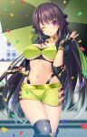  1girl ao_no_kanata_no_four_rhythm black_gloves black_hair black_jacket black_panties black_thighhighs blurry blurry_background bra choker commentary_request commission confetti cowboy_shot emanon123 fingerless_gloves gloves green_bra green_choker green_shorts highres jacket looking_at_viewer panties purple_eyes race_queen short_shorts shorts skeb_commission solo thighhighs tobisawa_misaki umbrella underwear 