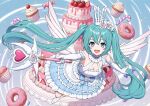  1girl ai-generated angel_wings aqua_eyes aqua_hair breasts cake candy cleavage commentary crown cupcake donut dress elbow_gloves feathered_wings food frilled_dress frills gloves hair_between_eyes hatsune_miku holding holding_wand inuyama_on long_hair looking_at_viewer medium_breasts open_mouth smile solo strapless strapless_dress strawberry_cake twintails very_long_hair vocaloid wand white_gloves white_wings wings 