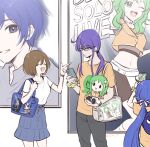  1boy 2girls bag blue_hair bow bracelet brown_hair cellphone character_doll character_doll_in_itabag closed_eyes commentary_request crop_top denim denim_skirt doll glasses green_eyes green_hair gumi hair_bow hariikei holding holding_doll holding_phone itabag jewelry kaito_(vocaloid) kamui_gakupo long_hair low_ponytail low_twintails meiko_(vocaloid) midriff multiple_girls navel one_eye_closed open_mouth otomachi_una phone pointing ponytail poster_(object) purple_hair scrunchie shirt shirt_tucked_in short_hair short_sleeves skirt smartphone smile t-shirt taking_picture tote_bag twintails vocaloid wrist_scrunchie 