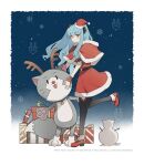  1girl animal_ear_headphones animal_ears black_pantyhose blue_hair border brown_eyes capelet cat_ear_headphones cat_ears character_snowman christmas closed_mouth commentary_request copyright_notice eiyuu_densetsu english_text fake_animal_ears george_man gift hat headphones highres leg_up long_hair looking_at_viewer mishy pantyhose red_capelet red_hat red_shoes red_skirt santa_hat shoes skirt snowflake_background snowing snowman standing standing_on_one_leg tio_plato twintails white_border zero_no_kiseki 