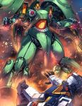  aeug beam_cannon commentary_request duel explosion glowing glowing_eyes gundam gundam_mk_ii gundam_zz looking_at_another lying mecha mecha_focus mobile_suit neo_zeon no_humans on_back outdoors quin_mantha red_eyes robot science_fiction standing v-fin yokota_mamoru 