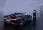  1girl absurdres apollos_ars black_car black_dress black_hair black_shoes bugatti car commentary dress highres license_plate motor_vehicle original shoes short_hair sports_car standing vehicle_focus 