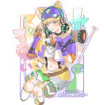  +_+ 1girl :3 animification apex_legends bai_lan_mei_yitian bangs baseball_cap blonde_hair blue_eyes cat_ear_headphones character_name chinese_commentary electricity gloves grey_shorts hat headphones highres jacket knee_pads midriff multicolored_clothes multicolored_jacket navel nessie_(respawn) official_alternate_costume pointing purple_gloves purple_headwear purple_jacket scar scar_on_cheek scar_on_face shorts shoulder_spikes sitting smile solo spikes thunder_kitty_wattson wattson_(apex_legends) yellow_jacket 