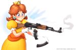  1girl ak-47 assault_rifle blue_eyes blush brown_hair closed_mouth crown dress earrings eyebrows_hidden_by_hair gloves gun highres holding holding_gun holding_weapon jewelry kalashnikov_rifle long_hair magazine_(weapon) mario_(series) mathias_leth princess_daisy reloading rifle smoke smoking_gun solo twitter_username weapon 